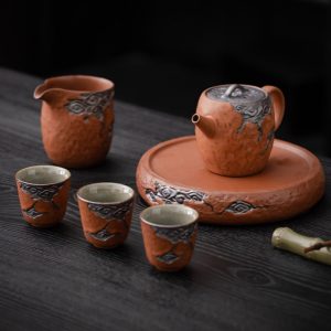 Orange Rough Pottery Embossed Auspicious Clouds Authentic Japanese Antique Tea Set