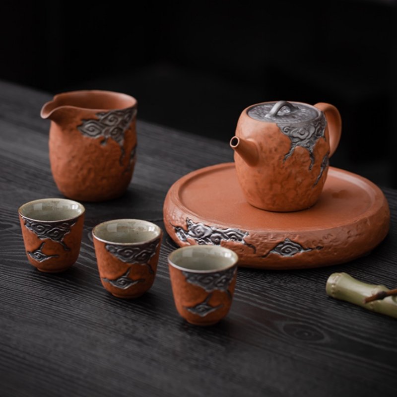 Orange Rough Pottery Embossed Auspicious Clouds Authentic Japanese Antique Tea Set Orange Rough Pottery Embossed Auspicious Clouds Authentic Japanese Antique Tea Set