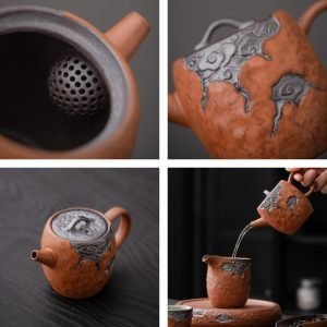 Orange Rough Pottery Embossed Auspicious Clouds Authentic Japanese Antique Tea Set