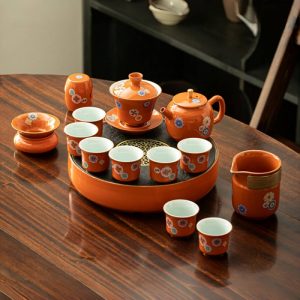 Orange And Green Antique Flower Pattern Authentic Ceramic Gongfu Cha Service Tea Tray Sets