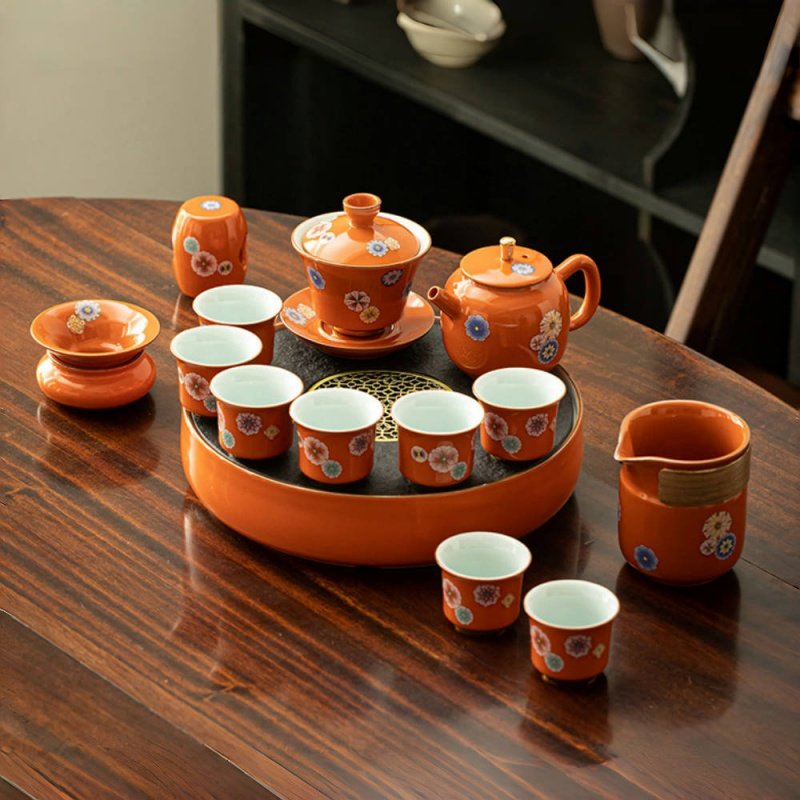 Orange And Green Antique Flower Pattern Authentic Ceramic Gongfu Cha Service Tea Tray Sets Orange And Green Antique Flower Pattern Authentic Ceramic Gongfu Cha Service Tea Tray Sets