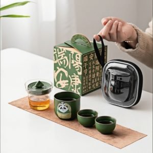 Panda Bamboo Theme Ceramic Portable Travelling Tea Set In Case For Two