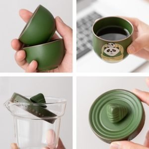 Panda Bamboo Theme Ceramic Portable Travelling Tea Set In Case For Two