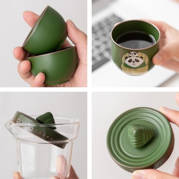 Panda Bamboo Theme Ceramic Portable Travelling Tea Set In Case For Two