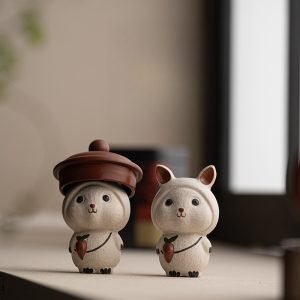 Purple Clay Japanese Cute Handmade Painted Bunny In A Hat Tea Pet