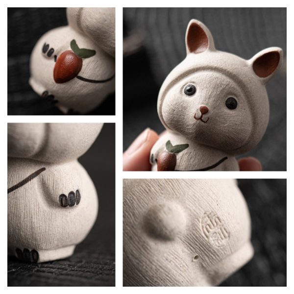 Purple Clay Japanese Cute Handmade Painted Bunny In A Hat Tea Pet