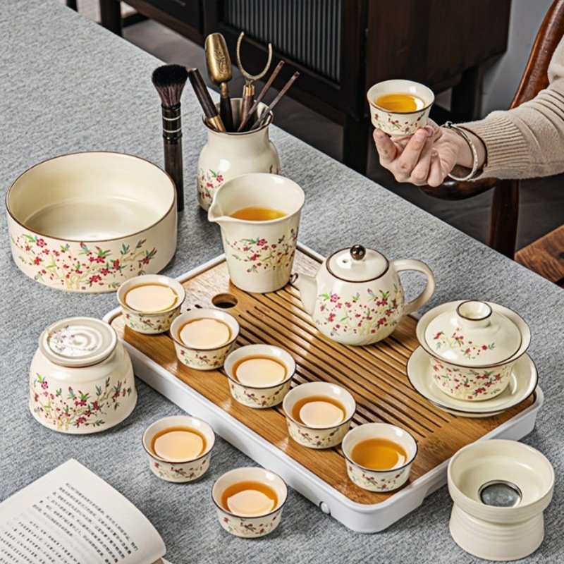 Ru Kiln Antique Flower Theme Traditional Ceramic Kung Fu Tea Ceremony Set With Rectangular Tray Ru Kiln Antique Flower Theme Traditional Ceramic Kung Fu Tea Ceremony Set With Rectangular Tray