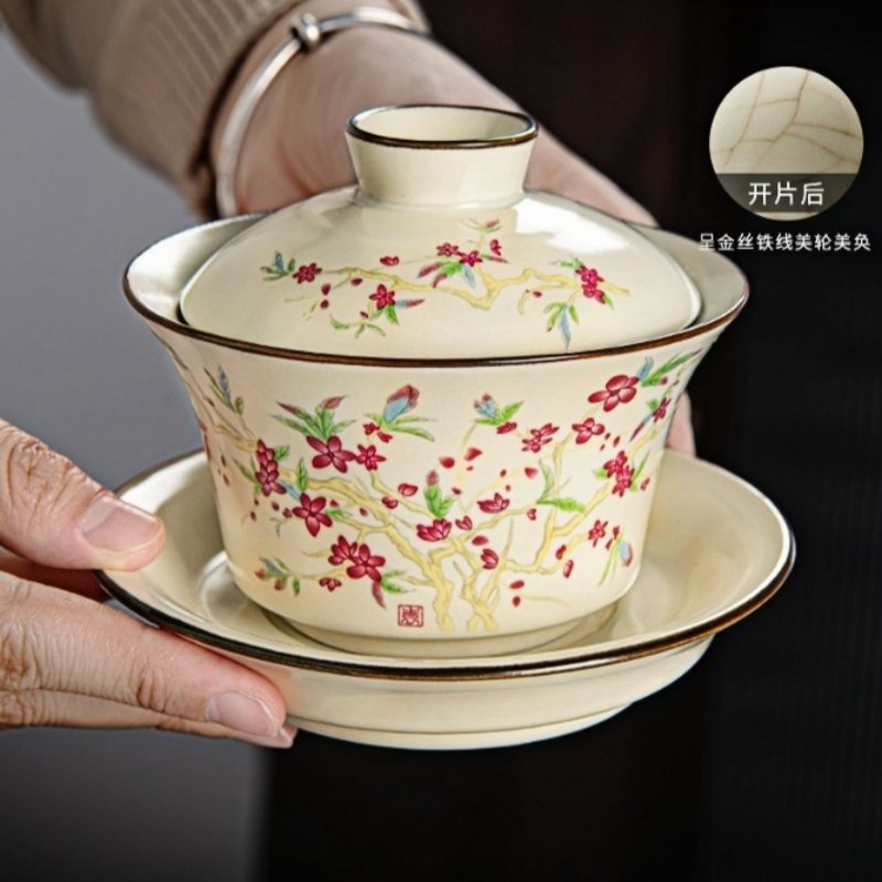 Ru Kiln Antique Flower Theme Traditional Ceramic Kung Fu Tea Ceremony Set With Rectangular Tray Ru Kiln Antique Flower Theme Traditional Ceramic Kung Fu Tea Ceremony Set With Rectangular Tray