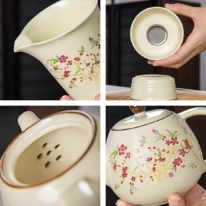 Ru Kiln Antique Flower Theme Traditional Ceramic Kung Fu Tea Ceremony Set With Rectangular Tray