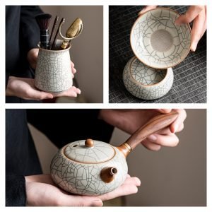 Ru Kiln Black Crackle Glaze Traditional Porcelain Gongfu Tea Ceremony Set With Rectangular Tray