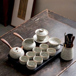 Ru Kiln Black Crackle Glaze Traditional Porcelain Gongfu Tea Ceremony Set With Rectangular Tray