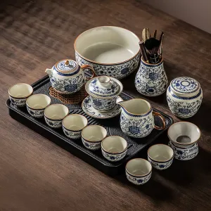 Ru Kiln Blue And White Porcelain Traditional Gong Fu Tea Tray Set For Sale