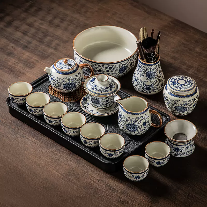 Ru Kiln Blue And White Porcelain Traditional Gong Fu Tea Tray Set For Sale Ru Kiln Blue And White Porcelain Traditional Gong Fu Tea Tray Set For Sale