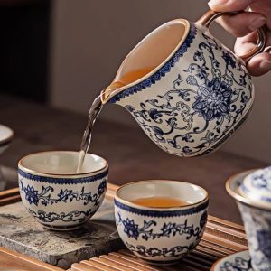 Ru Kiln Blue And White Porcelain Traditional Gong Fu Tea Tray Set For Sale