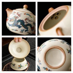 Ru Kiln Hand Painted Dragon Theme Ceramic Kung Fu Teaware Set With Rectangular Tray