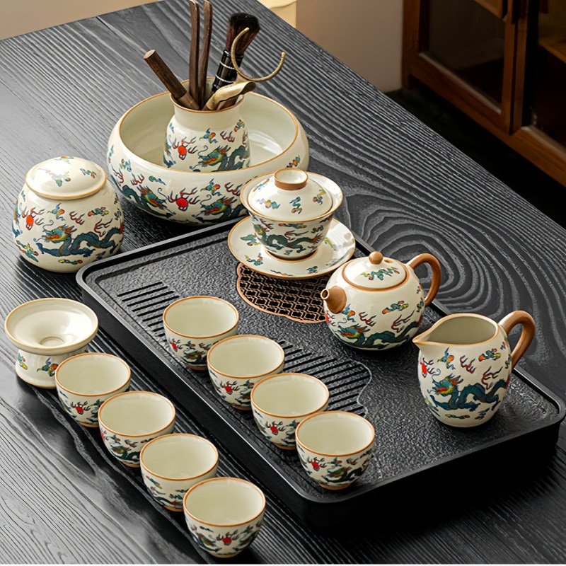 Ru Kiln Hand Painted Dragon Theme Ceramic Kung Fu Teaware Set With Rectangular Tray Ru Kiln Hand Painted Dragon Theme Ceramic Kung Fu Teaware Set With Rectangular Tray