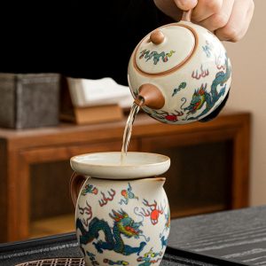 Ru Kiln Hand Painted Dragon Theme Ceramic Kung Fu Teaware Set With Rectangular Tray