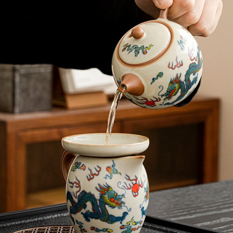 Ru Kiln Hand Painted Dragon Theme Ceramic Kung Fu Teaware Set With Rectangular Tray Ru Kiln Hand Painted Dragon Theme Ceramic Kung Fu Teaware Set With Rectangular Tray