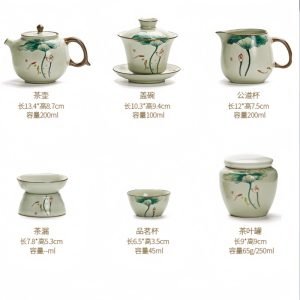 Ru Kiln Hand Painted Lotus Theme Ceramic Kung Fu Teaware Set With Rectangular Tray
