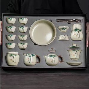 Ru Kiln Hand Painted Lotus Theme Ceramic Kung Fu Teaware Set With Rectangular Tray