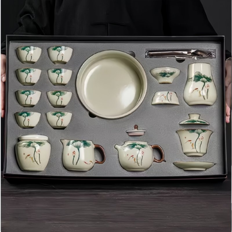 Ru Kiln Hand Painted Lotus Theme Ceramic Kung Fu Teaware Set With Rectangular Tray Ru Kiln Hand Painted Lotus Theme Ceramic Kung Fu Teaware Set With Rectangular Tray
