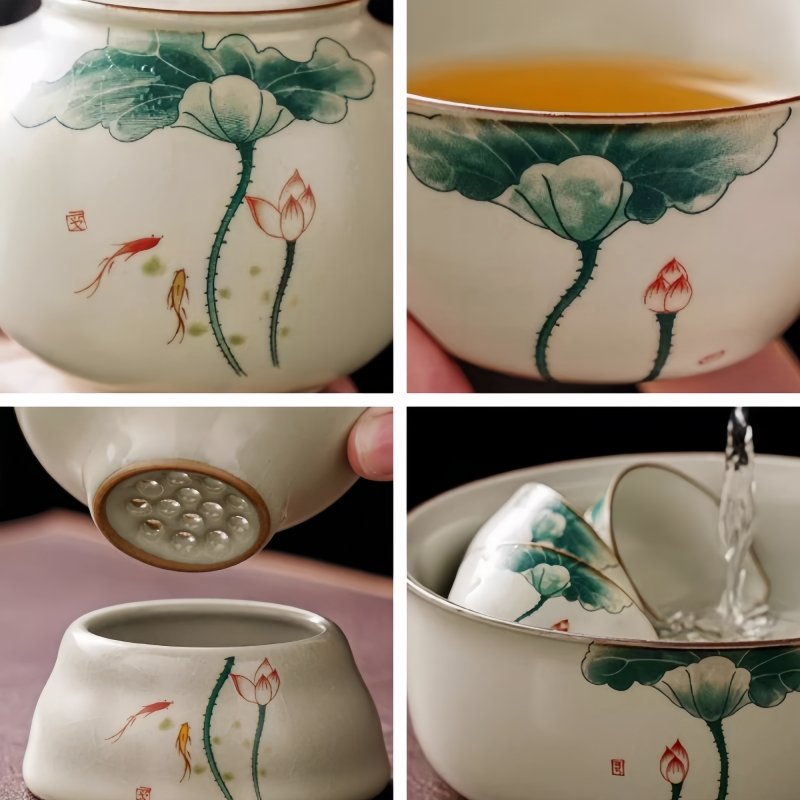 Ru Kiln Hand Painted Lotus Theme Ceramic Kung Fu Teaware Set With Rectangular Tray Ru Kiln Hand Painted Lotus Theme Ceramic Kung Fu Teaware Set With Rectangular Tray