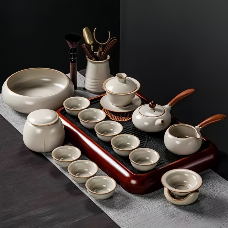 Ru Kiln Style Crack Glaze White Porcelain Traditional Gongfu Tea Set With Wooden Tray Ru Kiln Style Crack Glaze White Porcelain Traditional Gongfu Tea Set With Wooden Tray