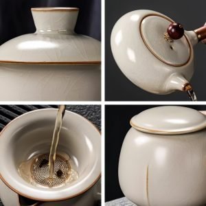 Ru Kiln Style Crack Glaze White Porcelain Traditional Gongfu Tea Set With Wooden Tray