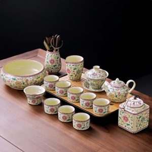 Ru Kiln Style Hand Painted Flower Pattern Porcelain Gong Fu Tea Ceremony Tray Set