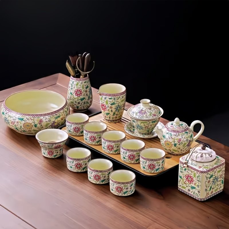 Ru Kiln Style Hand Painted Flower Pattern Porcelain Gong Fu Tea Ceremony Tray Set Ru Kiln Style Hand Painted Flower Pattern Porcelain Gong Fu Tea Ceremony Tray Set