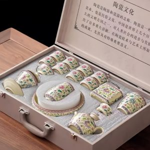 Ru Kiln Style Hand Painted Flower Pattern Porcelain Gong Fu Tea Ceremony Tray Set