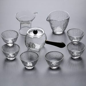 Simple Elegant Hammered Side Handle Transparent Clear Glass Tea Set For Adults