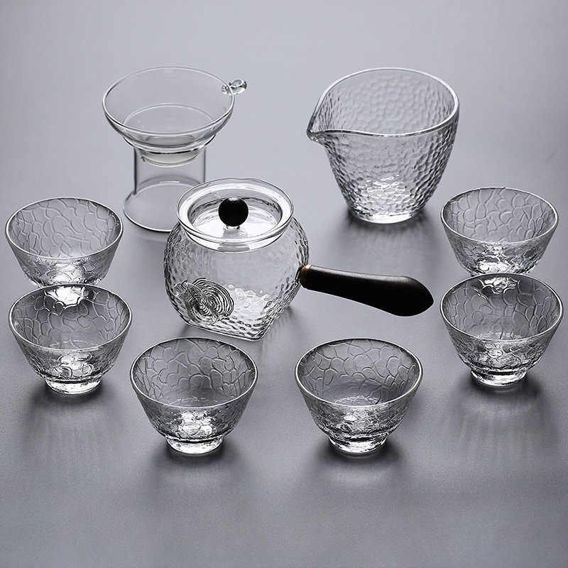 Simple Elegant Hammered Side Handle Transparent Clear Glass Tea Set For Adults Simple Elegant Hammered Side Handle Transparent Clear Glass Tea Set For Adults