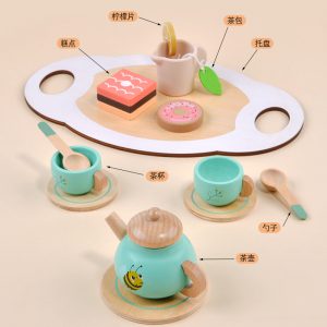 Simple Green Bee Theme Wooden Child Safe Pretend Afternoon Tea Set For Sale