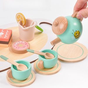 Simple Green Bee Theme Wooden Child Safe Pretend Afternoon Tea Set For Sale