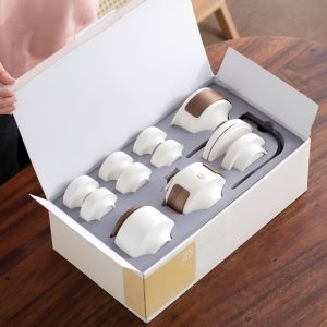 Simple White Ceramic Heat Resistant Lazy Semi Automatic Tea Set With Metal Stand