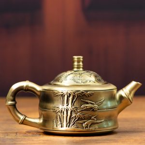 Small Bamboo Joint Shaped Crane Theme Handmade Antique Brass Teapot