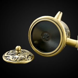 Small Dragon And Phoenix Pattern Handmade Brass Teapot With Side Wooden Handle