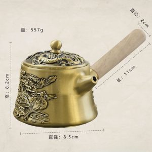Small Dragon And Phoenix Pattern Handmade Brass Teapot With Side Wooden Handle