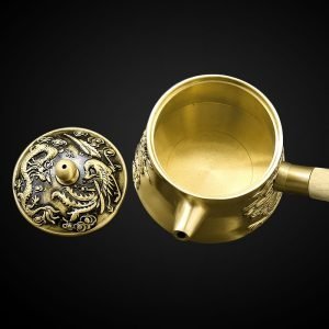 Small Dragon And Phoenix Pattern Handmade Brass Teapot With Side Wooden Handle