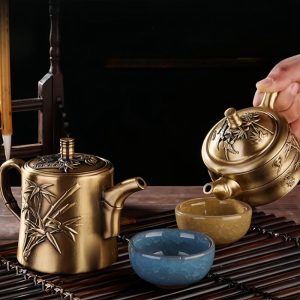 Small Elegant Ancient Hand Carved Bamboo Pattern Antique Brass Teapot