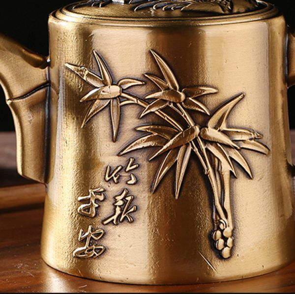 Small Elegant Ancient Hand Carved Bamboo Pattern Antique Brass Teapot