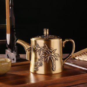 Small Elegant Ancient Hand Carved Bamboo Pattern Antique Brass Teapot