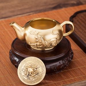 Small Elegant Hand Carving Tiger Theme Brass Teapots Vintage For Sale