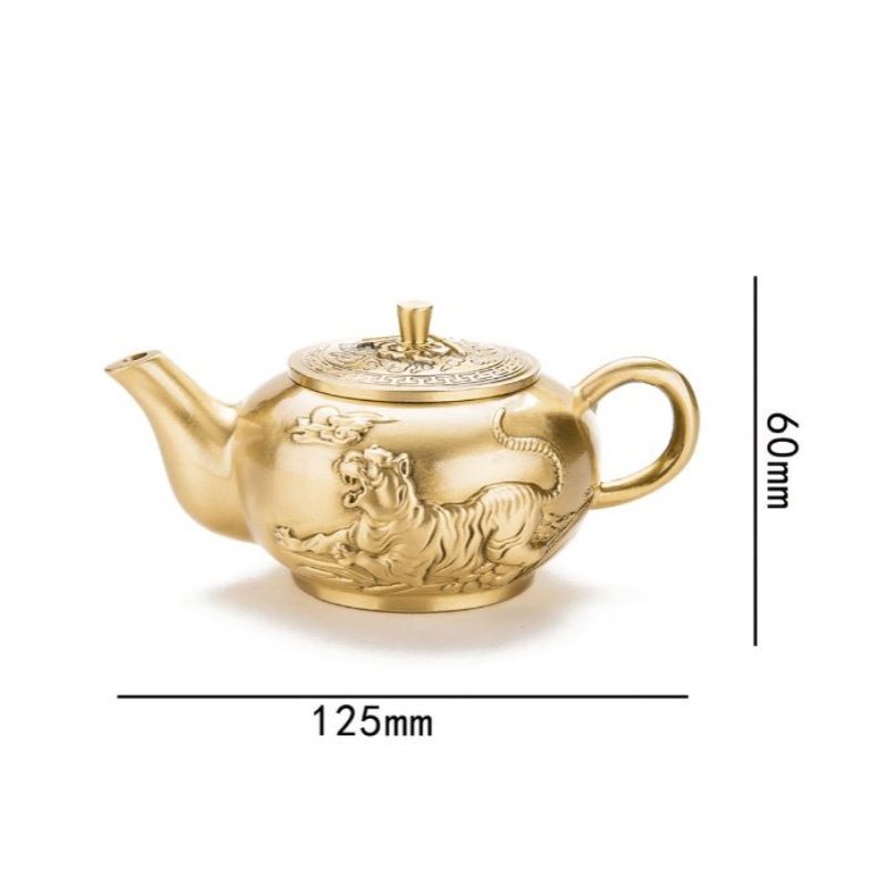 Small Elegant Hand Carving Tiger Theme Brass Teapots Vintage For Sale Small Elegant Hand Carving Tiger Theme Brass Teapots Vintage For Sale