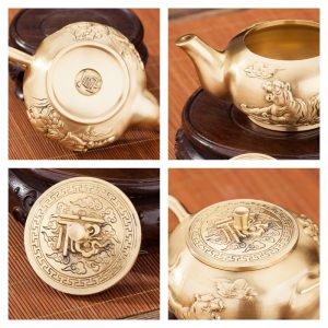 Small Elegant Hand Carving Tiger Theme Brass Teapots Vintage For Sale