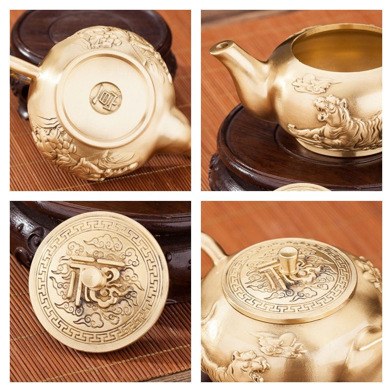 Small Elegant Hand Carving Tiger Theme Brass Teapots Vintage For Sale Small Elegant Hand Carving Tiger Theme Brass Teapots Vintage For Sale