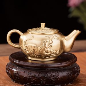 Small Elegant Hand Carving Tiger Theme Brass Teapots Vintage For Sale