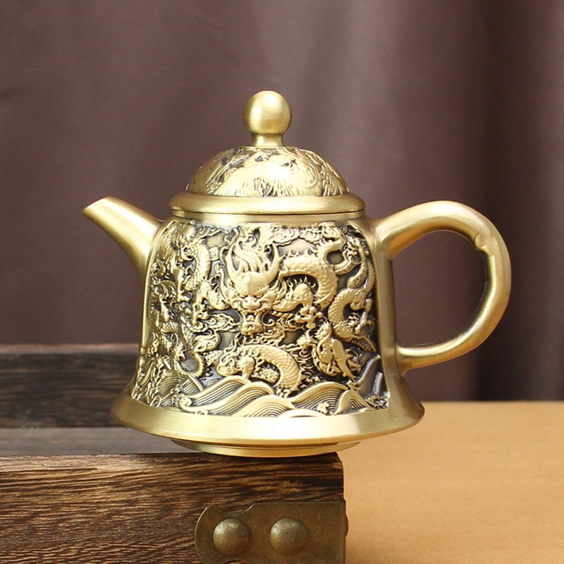 Small Embossed Dragons Frolicking With Pearls Theme Handmade Brass Tea Kettle Small Embossed Dragons Frolicking With Pearls Theme Handmade Brass Tea Kettle