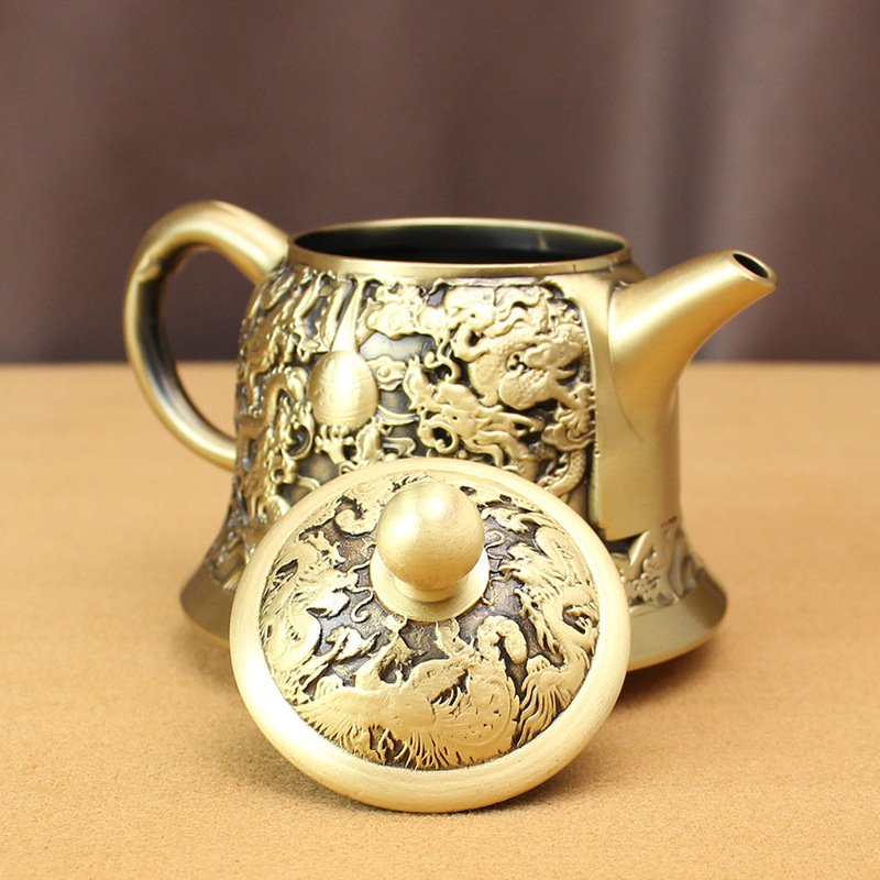 Small Embossed Dragons Frolicking With Pearls Theme Handmade Brass Tea Kettle Small Embossed Dragons Frolicking With Pearls Theme Handmade Brass Tea Kettle